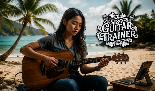 A guitarist practicing with Sisco's Guitar Trainer instead of a traditional guitar instructor