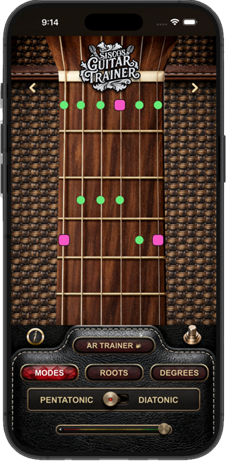Sisco's Guitar Trainer scale trainer running on an iPhone